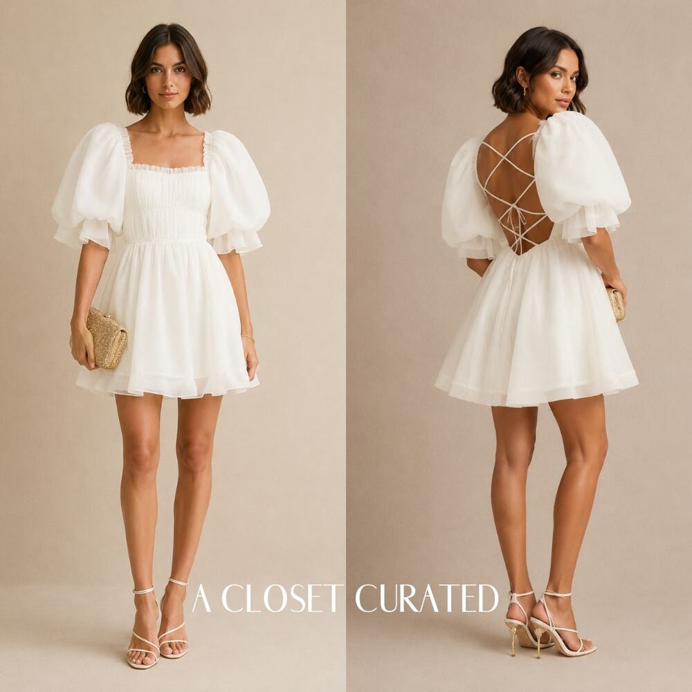Aje Astrid Tie Back Puff Sleeve Mini Dress White NEW 12 (AU 16)